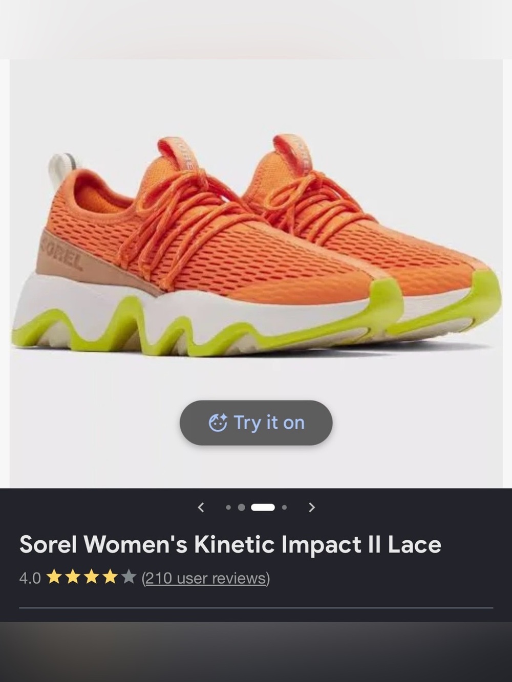 Sorel Women's Kinetic Impact II Lace Sneaker in Orange with Lime Accents